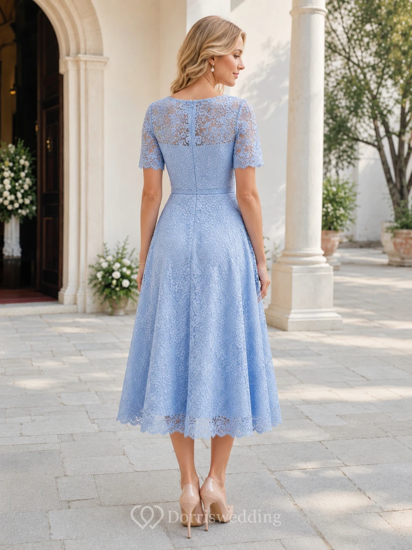 Powder Blue Lace Short Sleeve A Line Christening Guest Dress view 2