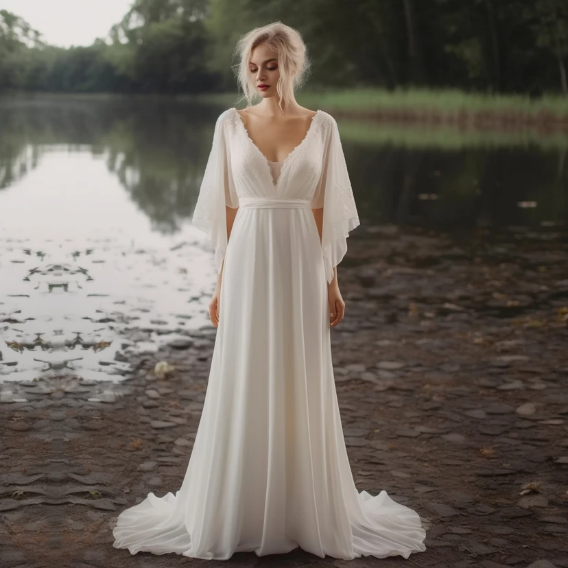 V-neck Poet Sleeve Empire Chiffon Sheath Wedding Dress