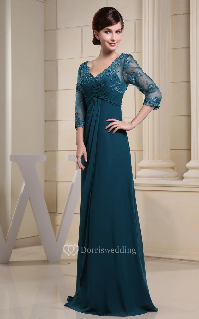 Maxikleid mit V-Ausschnitt, Empire-Ärmeln, Illusionsärmeln und Applikationen view 3