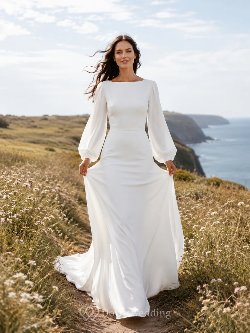 Square Neck Bishop Sleeve Coastal Field Minimalist Gown