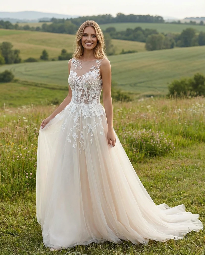 Robe de mariée romantique de coupe trapèze avec corsage en dentelle illusion et jupe en tulle