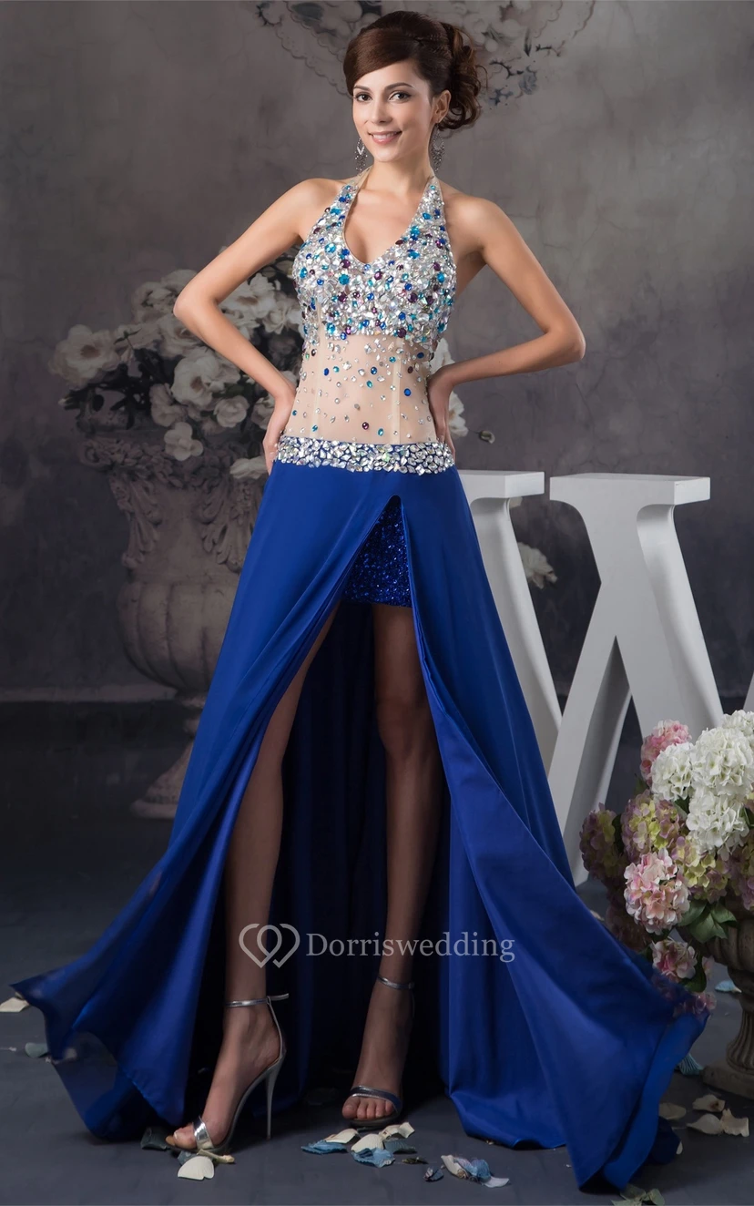 Plunged Front-Split Illusion Waist and Dress With Rhinestone view 3