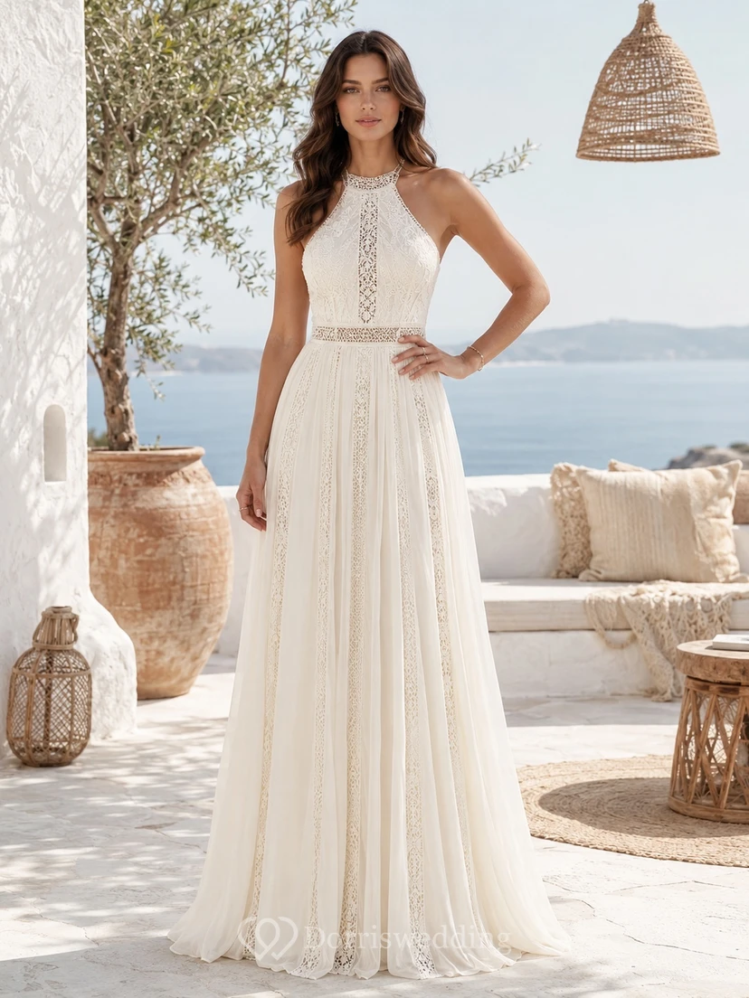 Boho High Neck Halter Lace Chiffon A-Line Floor-Length Renewal Gown