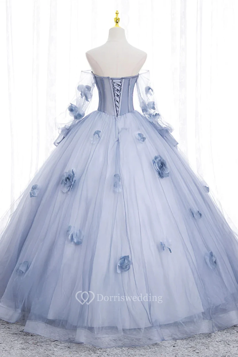 Robe de bal bustier bleu clair à fleurs view 4