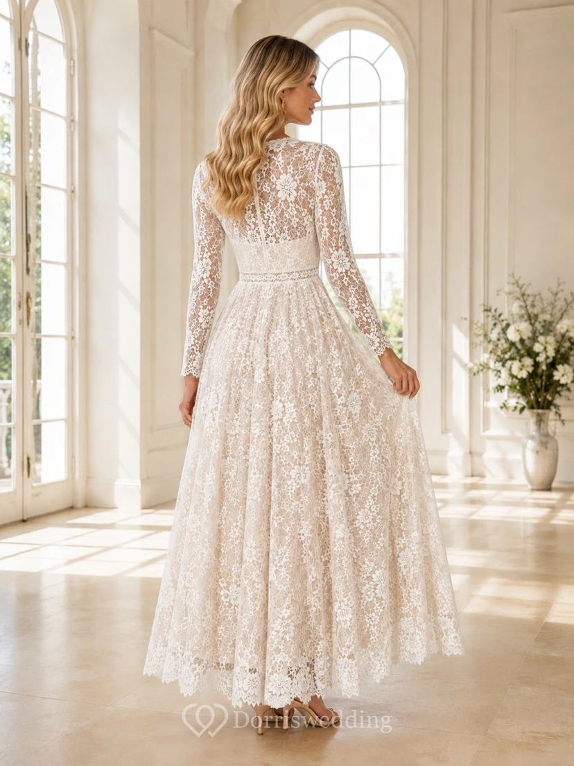 Teelanges, schlichtes, langärmeliges, mit Muschelsaum und Spitze besetztes A-Linien-Cocktailkleid view 2
