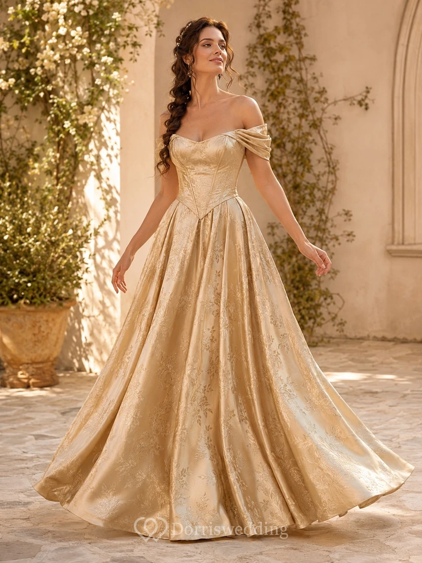 Vintage Champagne Off-Shoulder Brocade Ball Gown Floor-Length Formal Evening Dress