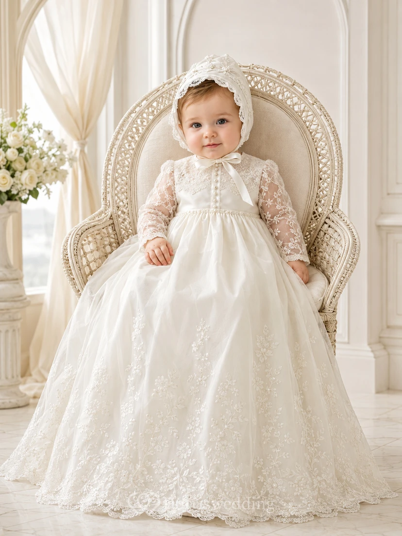 Vestido modesto para ceremonia de bautizo de bebé, corte en A, largo hasta el suelo, cuello joya, manga larga, tul, cinta de encaje, fajín con botones en la espalda.