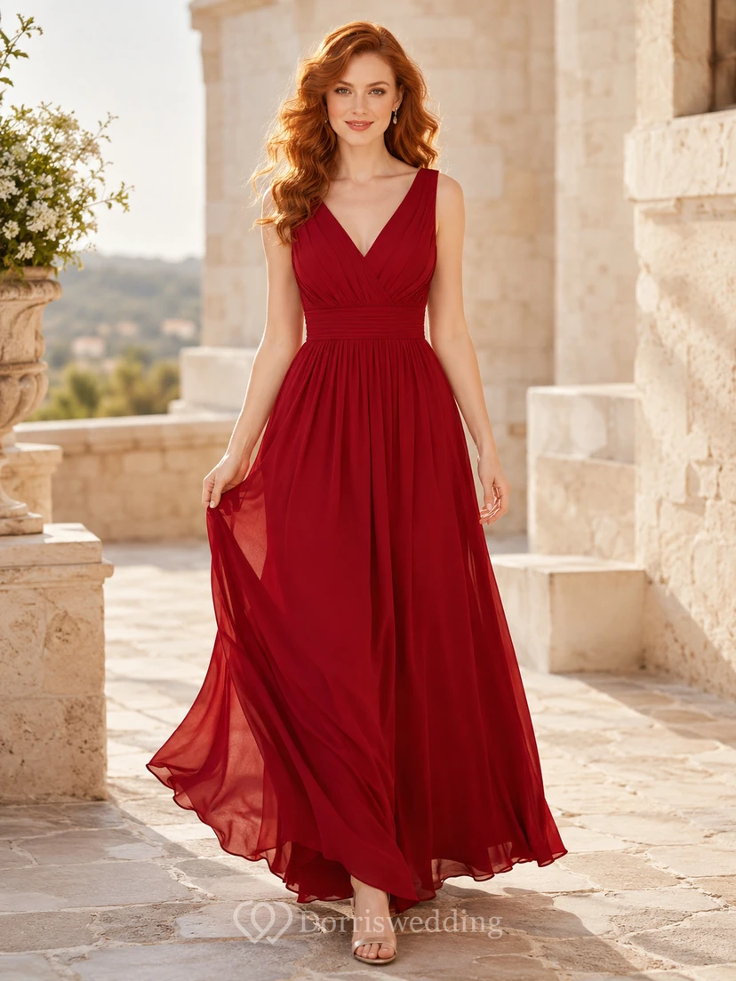 Vestido de noche de gasa roja con escote en V y corte en A