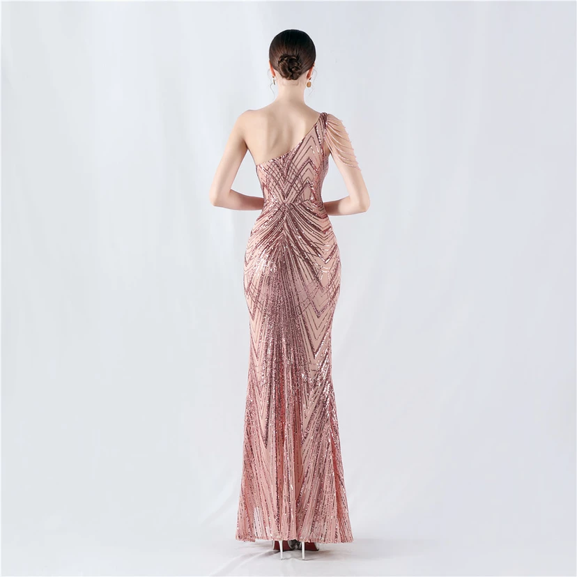 Positioning Flower Beaded Craft Beaded One-Shoulder Oblique Collar High Slit Evening Dress view 12