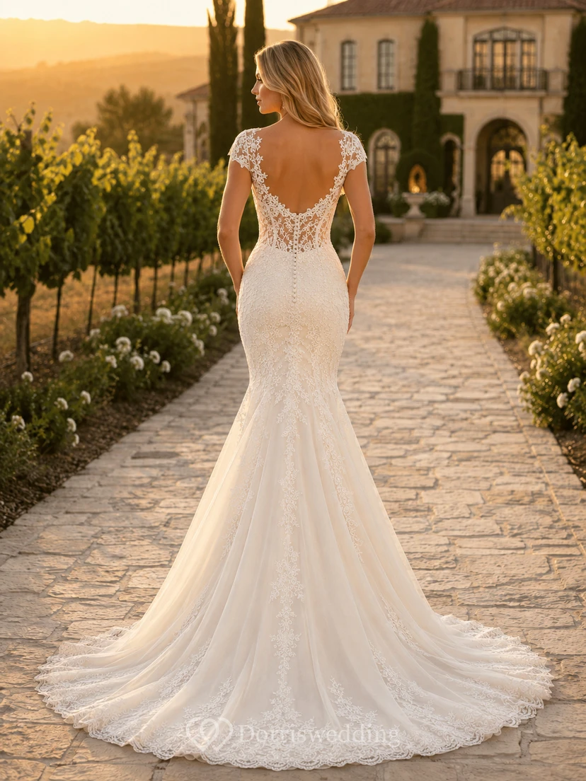 Sexy Off Shoulder Lace Wedding Mermaid Sweetheart Cap Sleeves Chapel Train view 2