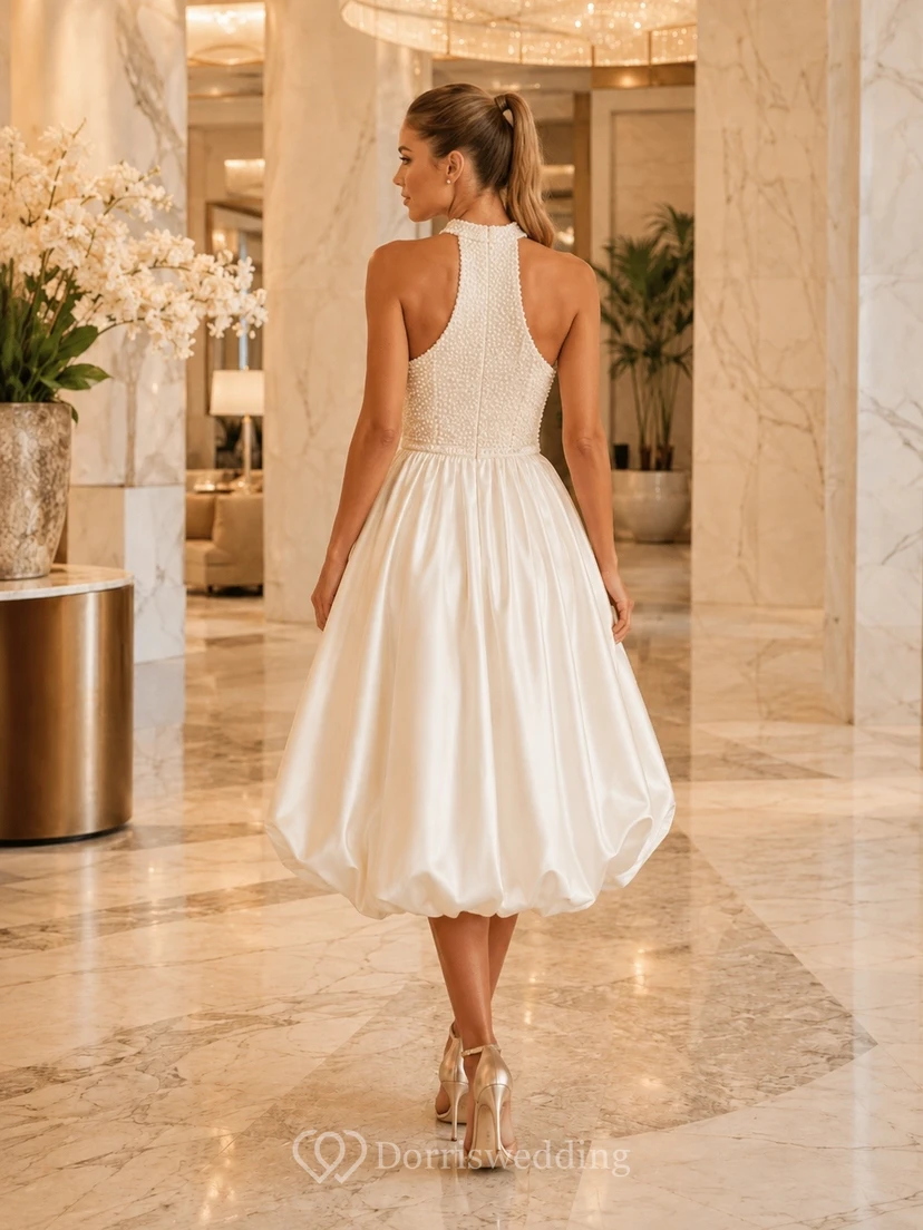 Simple Tea-length Sleeveless Bridal Ceremony Formal Halter A-line Dress view 2