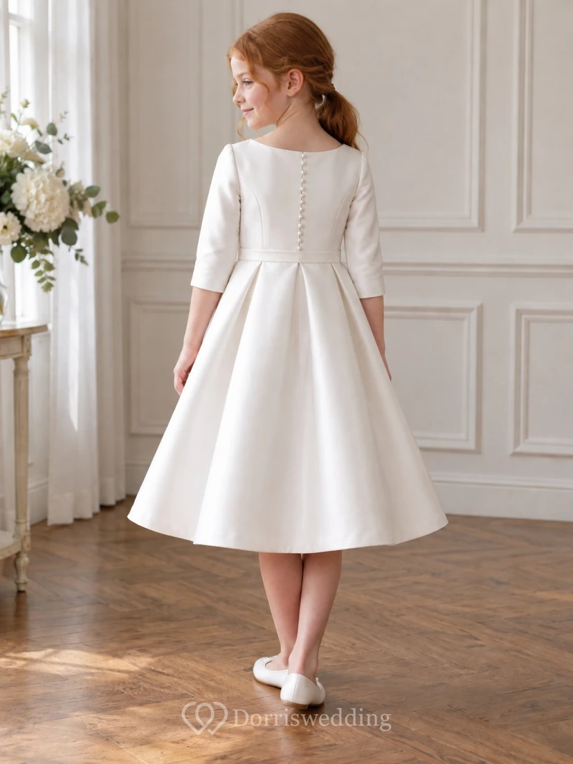 Simple Tea-length Ivory Satin Jewel Three-quarter-sleeve Buttoned Narrow-waistband Box-pleated A-line Flower Girl Dress view 2