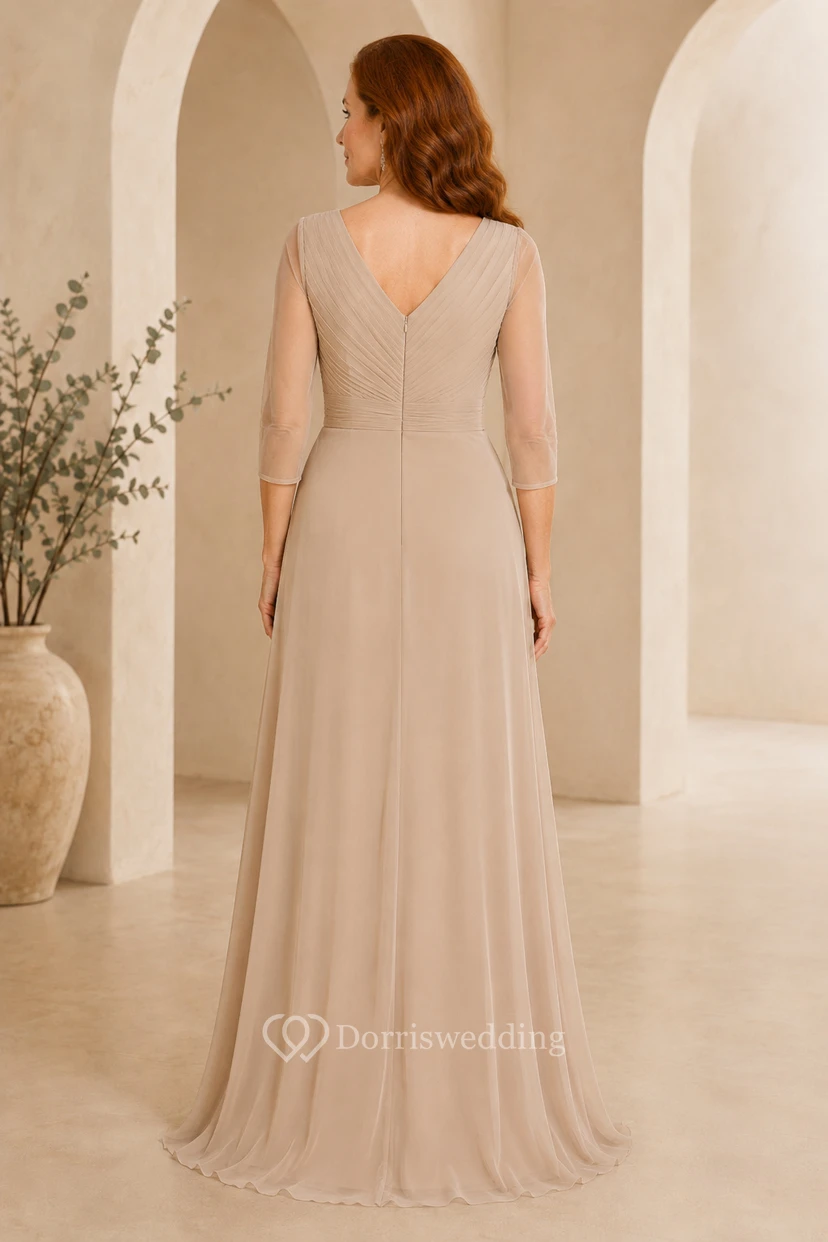 MOB-Kleid aus champagnerfarbenem Chiffon, A-Linie, 3/4-Ärmel, V-Ausschnitt, bodenlang, Rüschenbesatz view 2