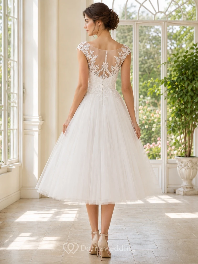 White Illusion Bateau Lace Applique Tulle A-Line Tea-Length Romantic Prom Dress view 2