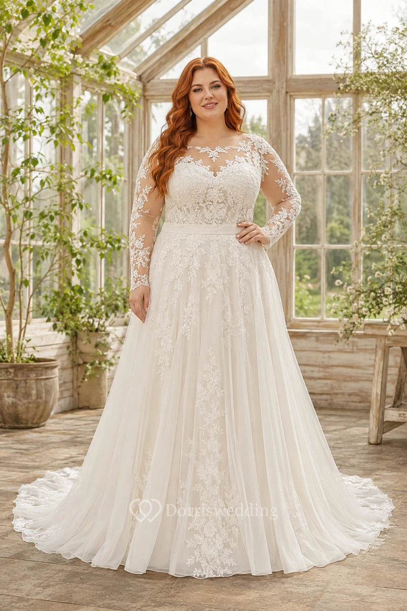 Plus Size Brautkleid in A-Linie mit langen Ärmeln, Spitzenoberteil und Kapellenschleppe