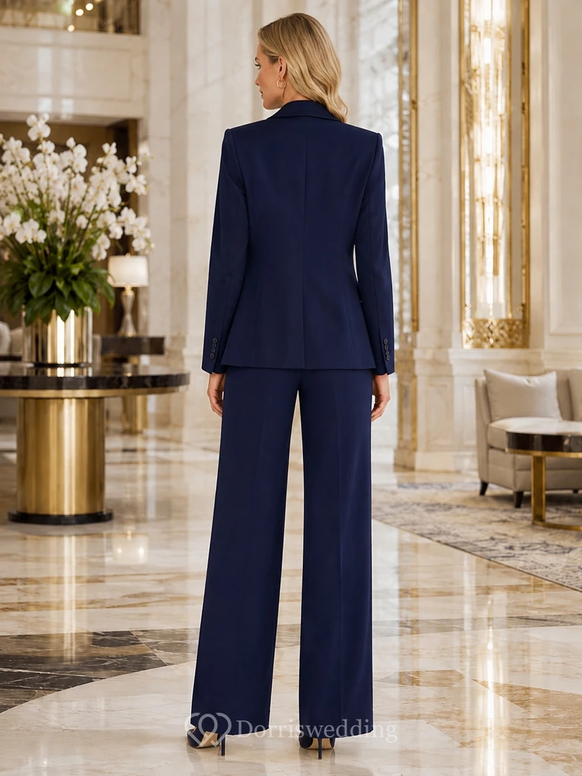 Traje formal de dos piezas azul marino con mangas largas y perneras anchas para invitados. view 2