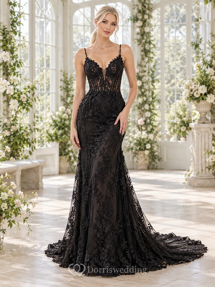 Black Mermaid Spaghetti Strap Plunging Lace Corset Bridal Wedding Dress