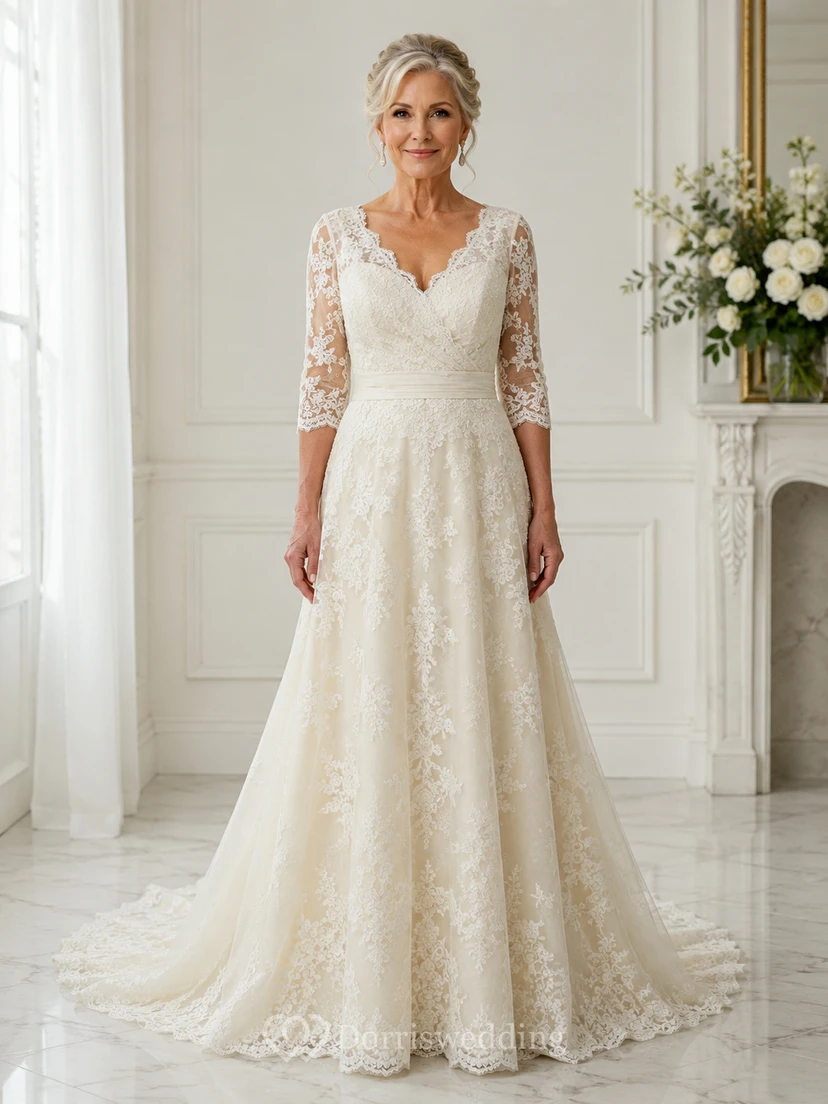 Long Sleeve Sleeve Lace A-Line Older Brides Wedding Dress with V Back