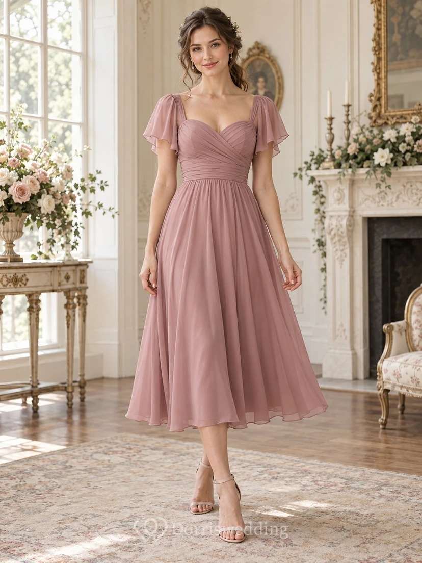 Vestido de dama de honor de gasa color rosa empolvado, manga corta, largo hasta la rodilla y escote corazón.