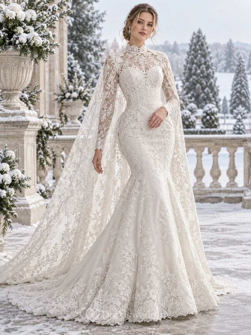 Vestido de novia vintage de corte A con cuello alto, manga larga y capa de encaje