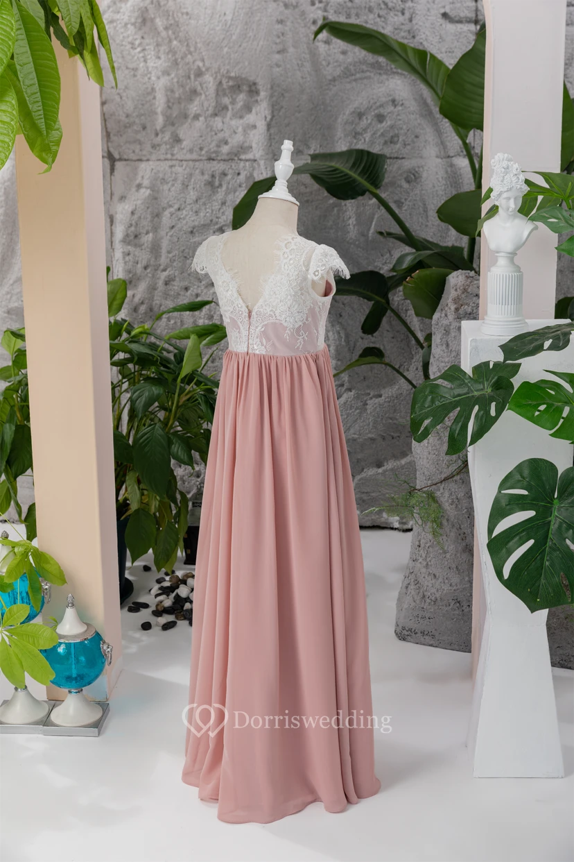 Lace Cap White and Coral Empire Chiffon Floor-length Flowergirl Dress view 8