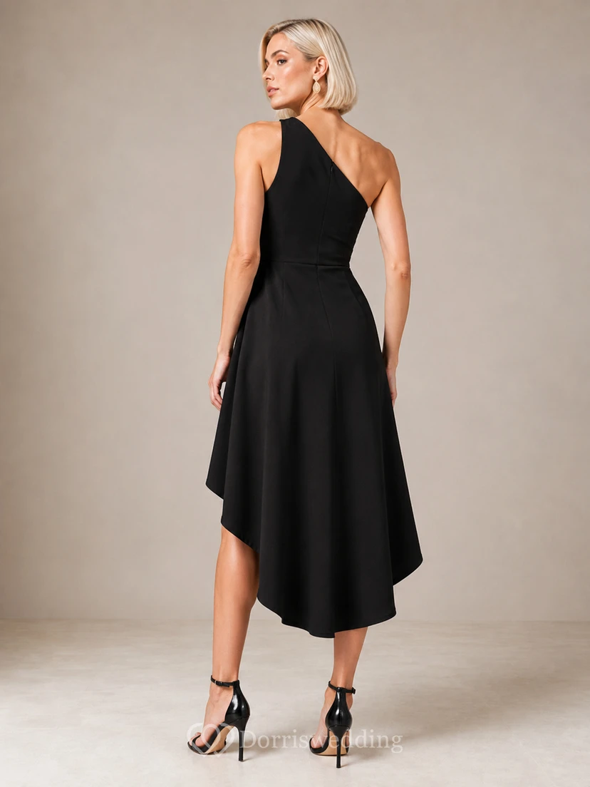 Noir Diagonal Black Sheath High-Low One-Shoulder Sleeveless Stretch-Satin Modern Cocktail Dress view 2