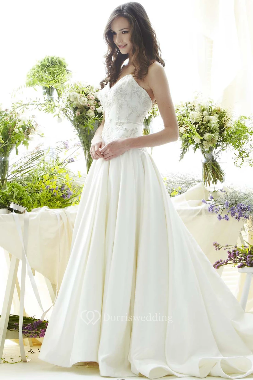 Floor-Length Sweetheart Beaded Satin Wedding Dress With Brush Train And V Back