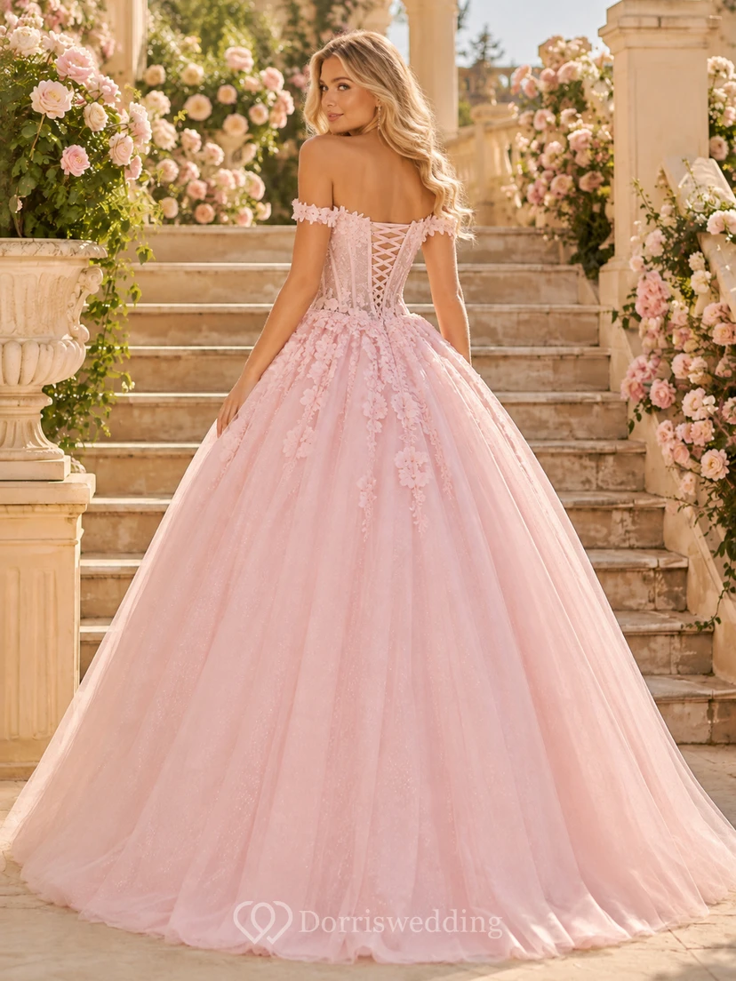 Romantic Blush Off-Shoulder Applique Lace Tulle Corset Ball-Gown Sweep-Train Quinceanera Dress view 2