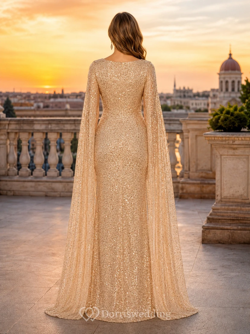 Luxuriöses, ärmelloses, bodenlanges Pailletten-Etui-Abendkleid mit goldenem U-Boot-Ausschnitt und Cape view 2