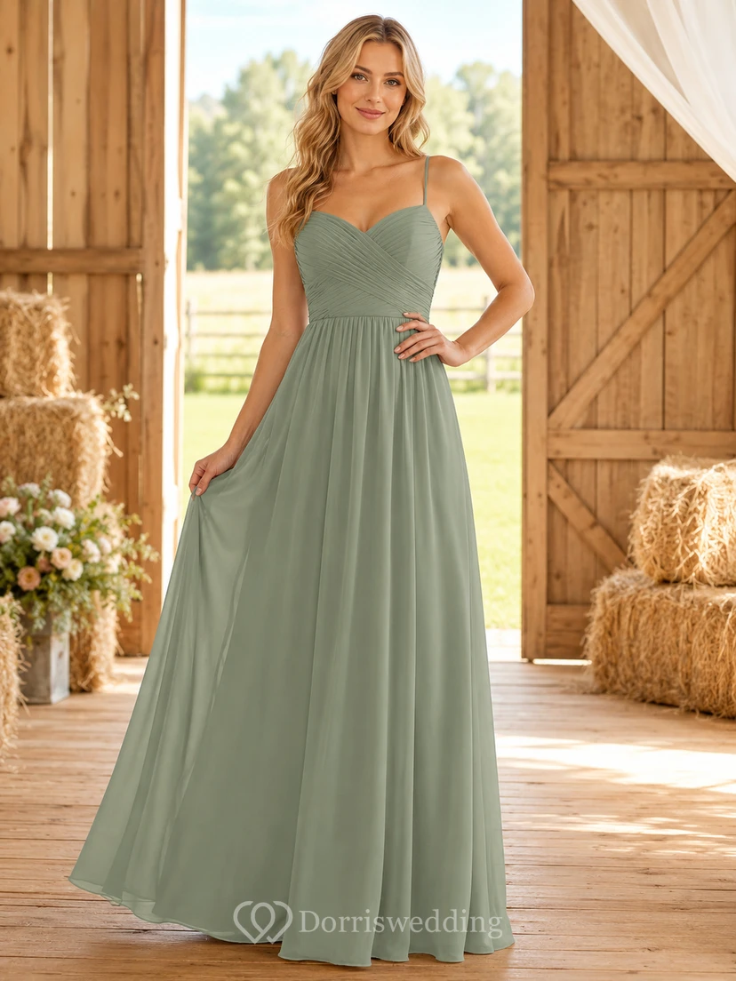 Sage Chiffon A-Line Strapless Sweetheart Sleeveless Pleated Zip Back Floor-Length Bridesmaid Dress