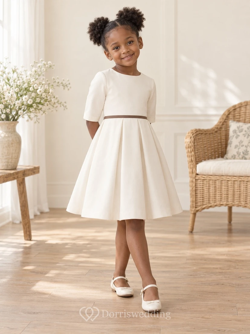 Simple Modest Cream Knee Length Elbow Sleeve Curved Brown Band Flared Flower Girl Dress view 2