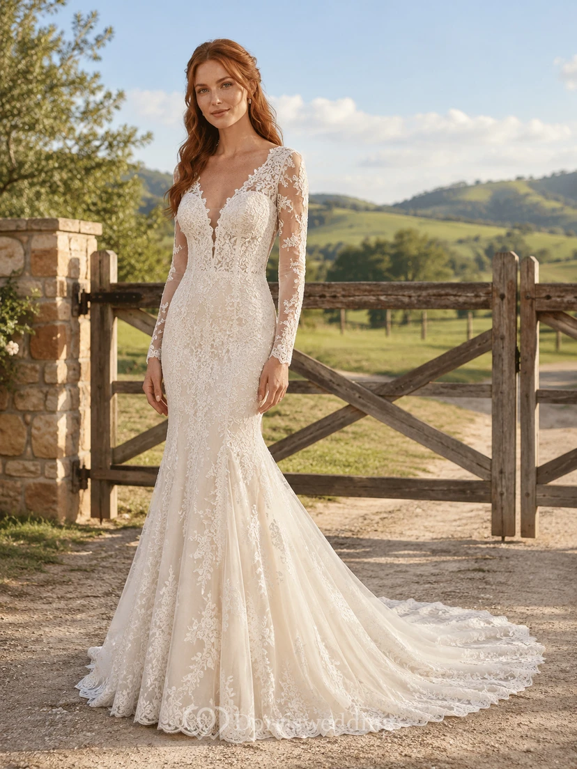 Brautkleid im Landhausstil mit Spitze, Meerjungfrauen-Schnitt, herzförmigem Ausschnitt, langen Ärmeln, Schleppe und tiefem V-Ausschnitt am Rücken