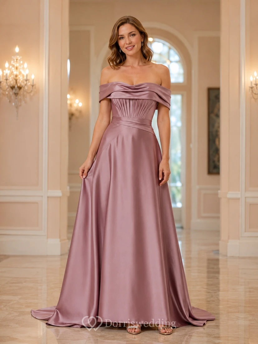 Vintage-Mauvefarbenes, schulterfreies, bodenlanges, plissiertes Abendkleid aus Satin in A-Linie
