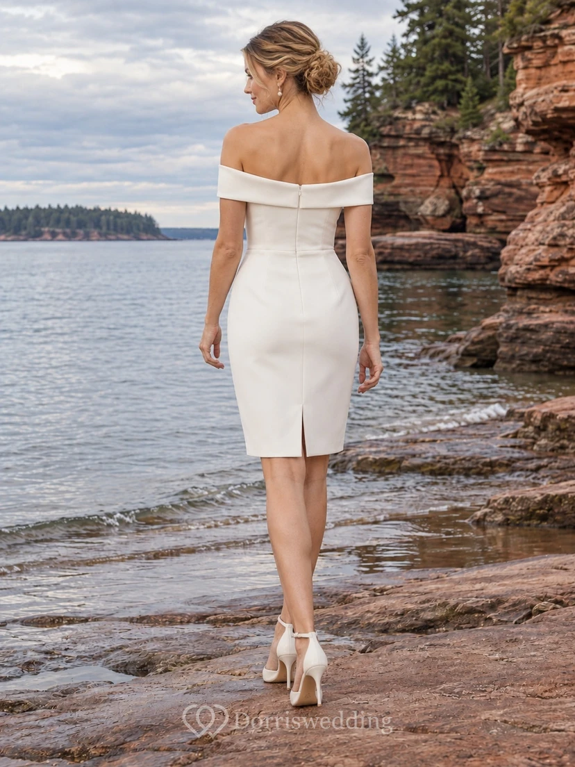 Simple Knee Length Off Shoulder Sheath Short Sleeve Smooth Crepe Wedding Dress view 2