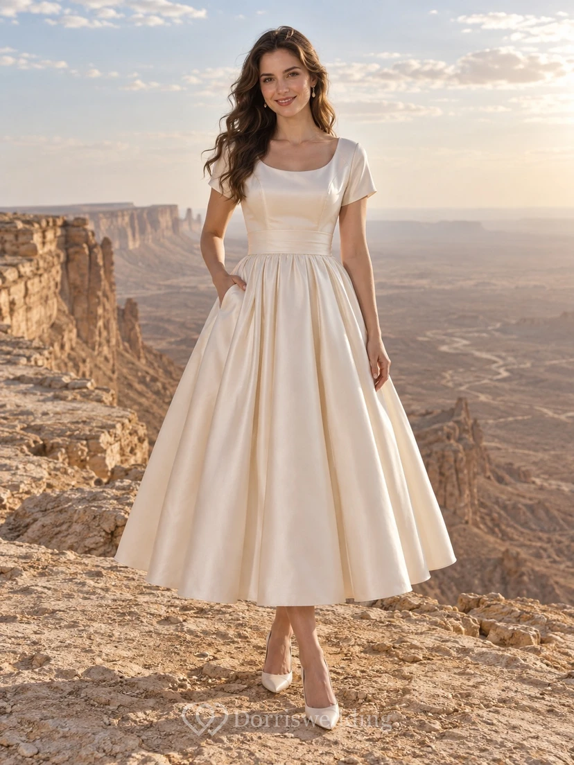Vestido de novia sencillo de satén fruncido, largo hasta la rodilla, con escote redondo y mangas cortas.