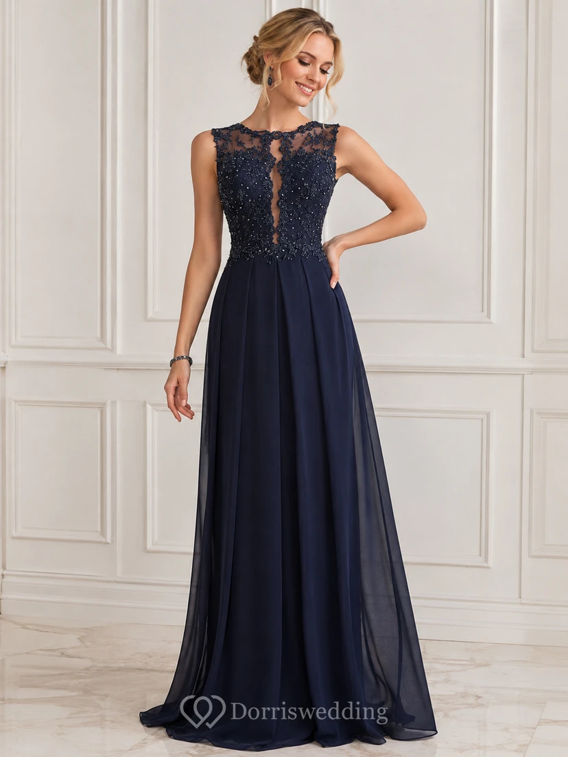 Elegant Beadings Lace Appliques Evening Dress A-line Floor-length