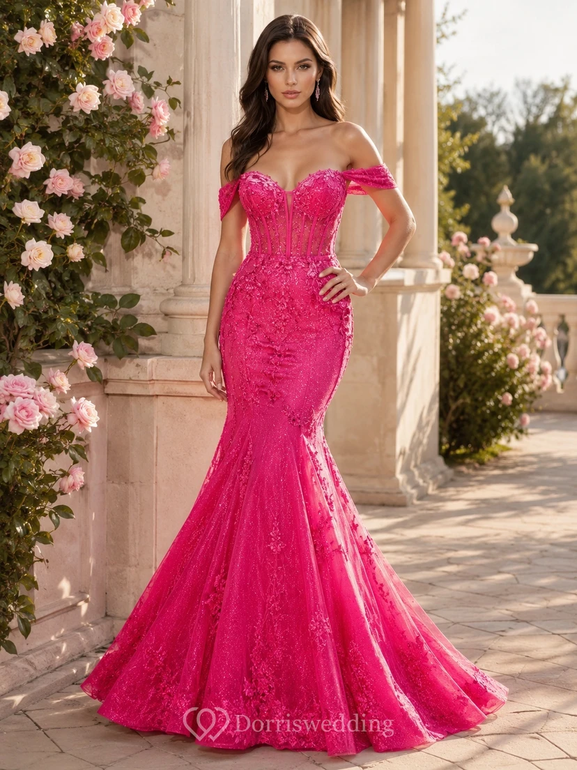 Sexy Fuchsia Lace Off-the-Shoulder Short Sleeve Beaded Mermaid Prom Evening Dress