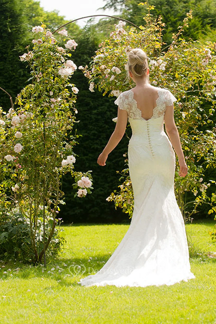 V-Neck Long Cap-Sleeve Appliqued Lace Wedding Dress With Sweep Train And V Back view 2