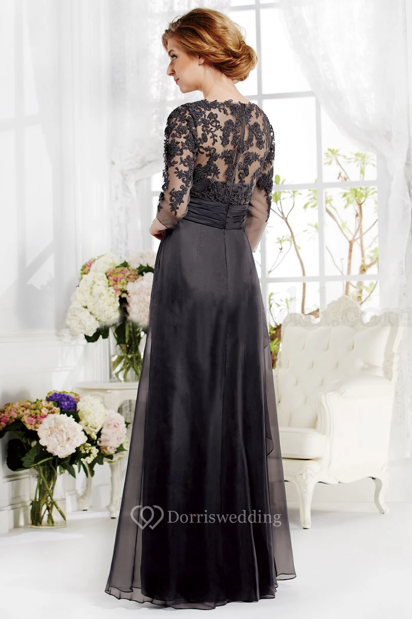 3-4 Sleeved V-Neck A-Line Gown With Appliques And Pleats view 2