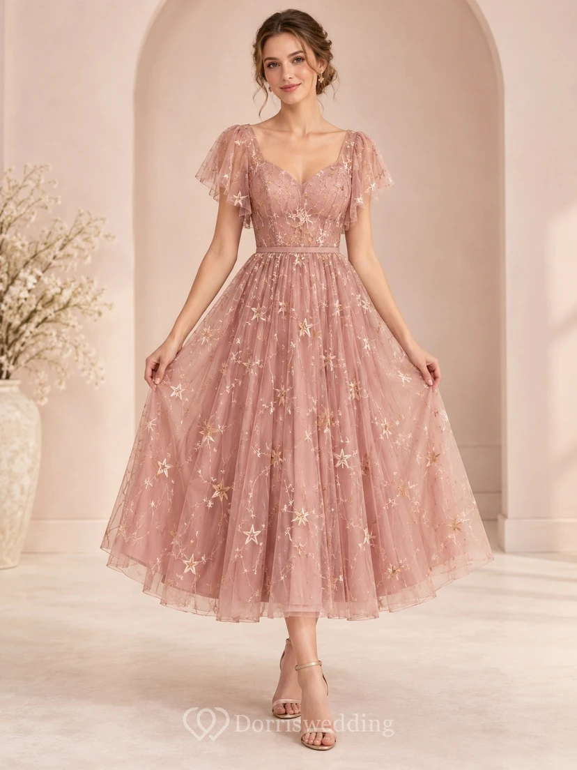 Dusty Rose V-neck Star Embroidered Flutter Sleeve Party Dress
