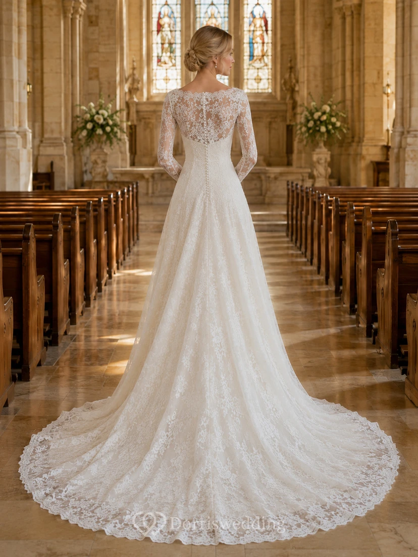 Kapellenhochzeitskleid mit tiefer Taille, langen Ärmeln und Spitze view 2