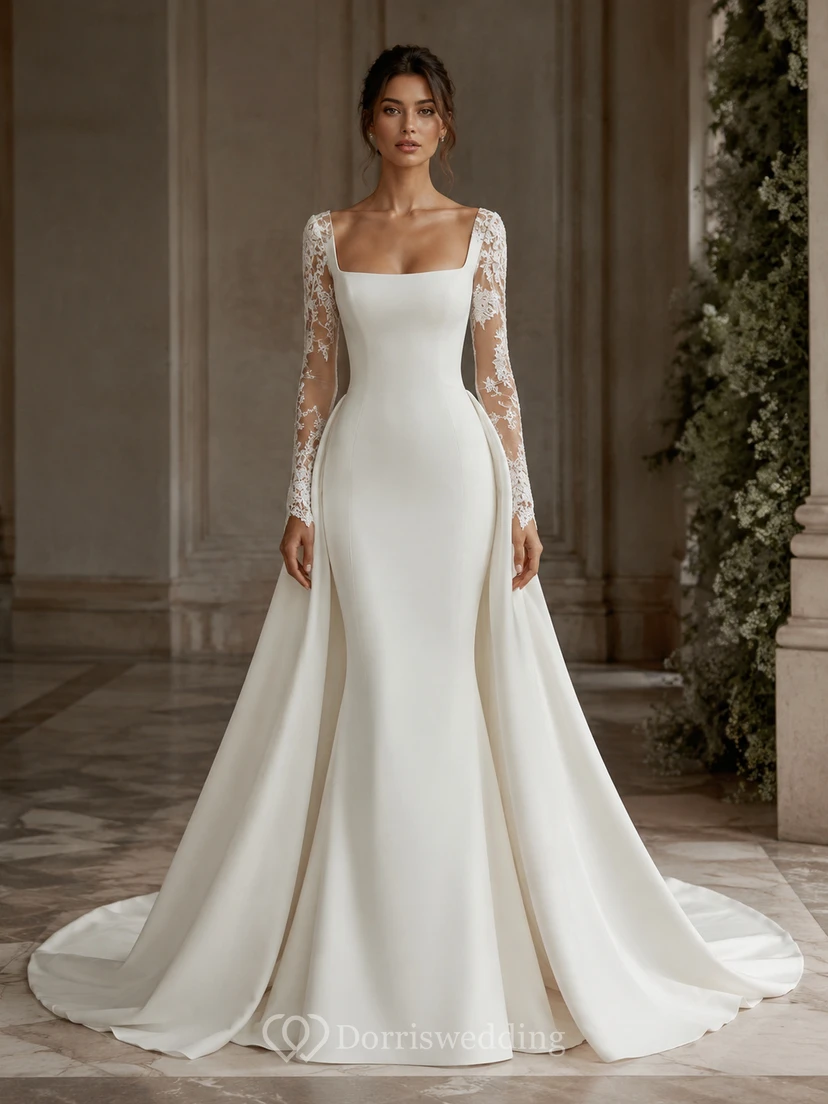 Langärmeliges Brautkleid im Meerjungfrauenstil aus Satin für ältere Bräute mit transparenten Spitzenärmeln