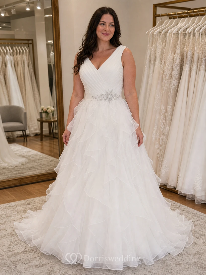 A-Linien-Brautkleid aus Organza mit kurzen Ärmeln, langem V-Ausschnitt, Raffungen, Rüschen und Stufen view 6
