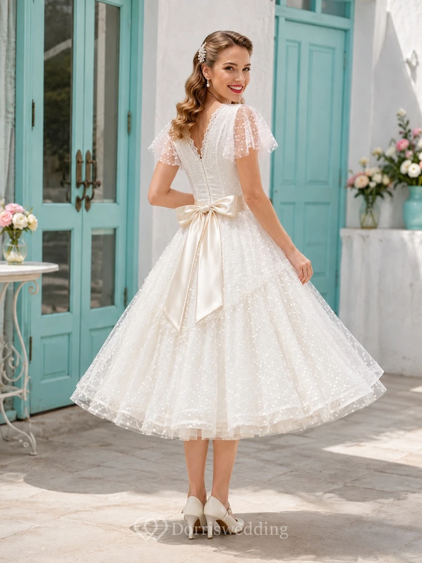 Vintage Teelänge Brautkleid mit V-Ausschnitt, mehrlagigen Volantärmeln, Spitze, Schleife und gepunktetem Tüll im Rockabilly-A-Linien-Stil view 2