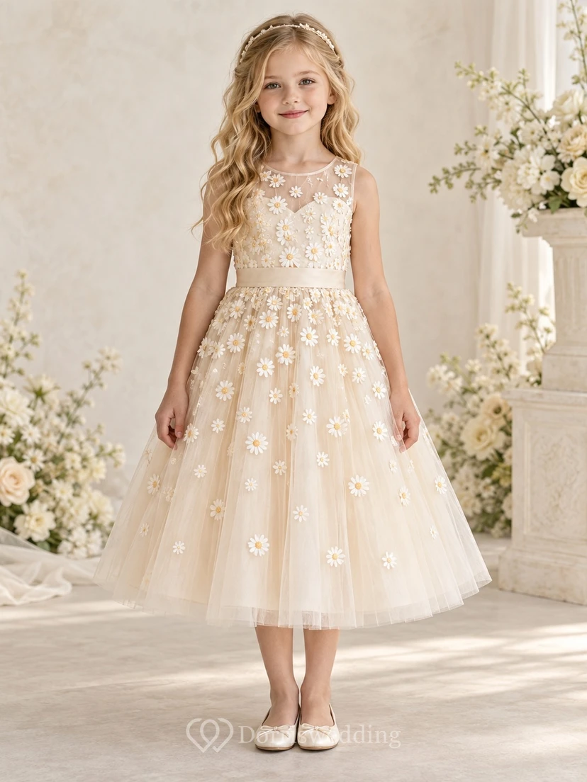 Tea-length Champagne Daisy Floral Flutter Sleeve Tulle A-line Flower Girl Dress view 2