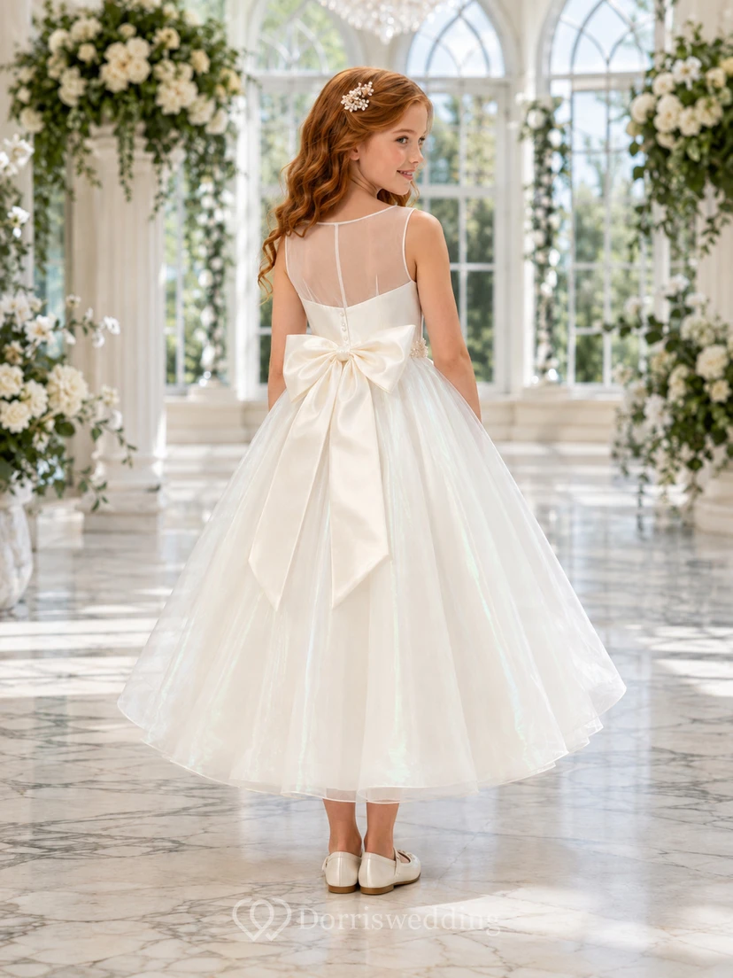 Flower Girl Dress A-Line Cream Satin Tulle Sleeveless Bow Ceremony view 2