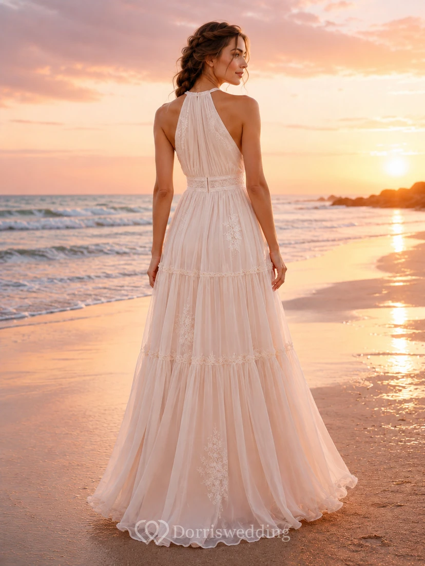 Halter Tiered Chiffon Beach Boho Sunset Wedding Dress view 2