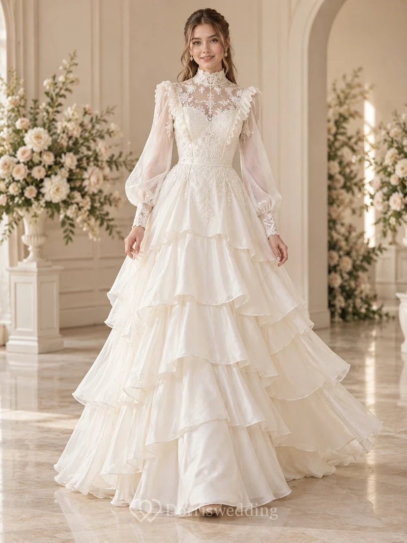 Brautkleid in A-Linie mit hohem Kragen, Spitzenkragen, Bischofsärmeln, Stufenrüschen und Rüschen