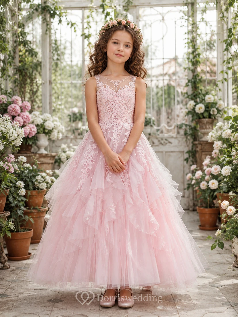 Blumenmädchenkleid aus rosafarbenem Tüll, A-Linie, Rundhalsausschnitt, Teelänge