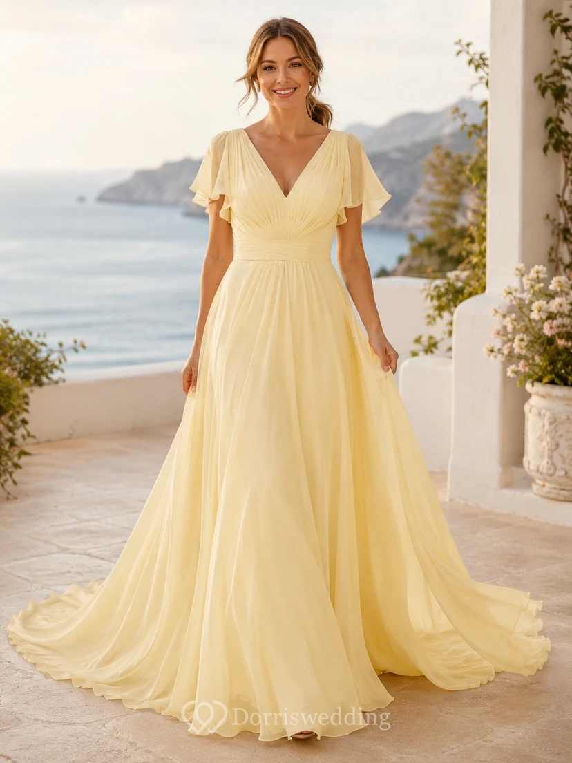 Vestido de novia formal sencillo, romántico y elegante con escote en V, edición A, corte en línea A.
